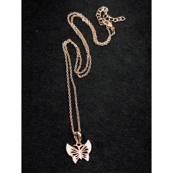 JCM Crystal Rose Gold Tone Butterfly Pave Small Charm Pendant Necklace 20 in - Picture 3 of 10